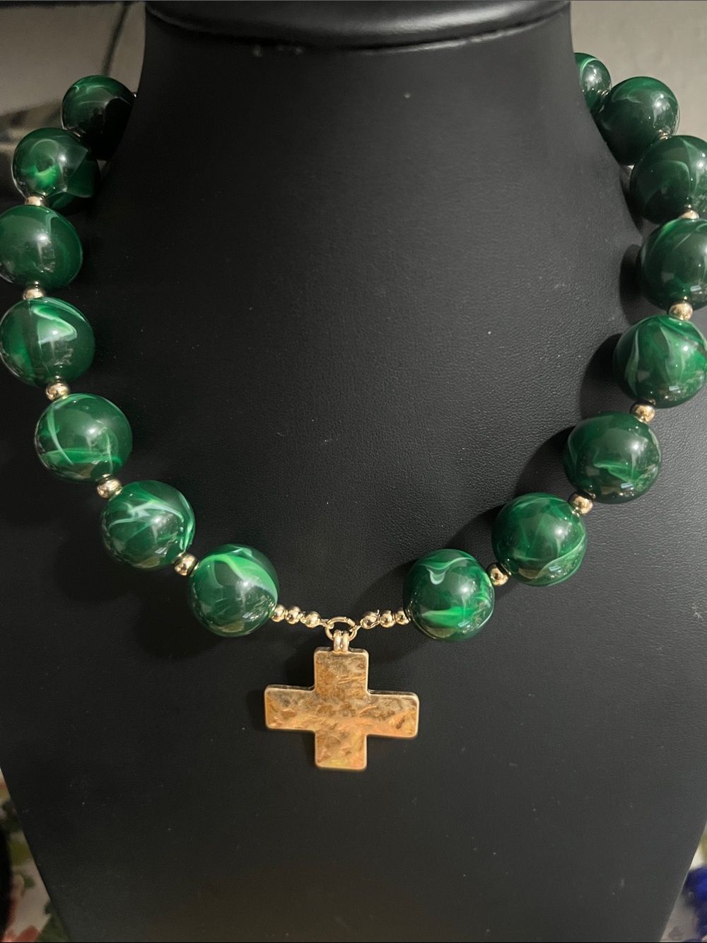 ETE Green Marbled Bead Necklace  and Bracelets Set with Gold Cross Pendant